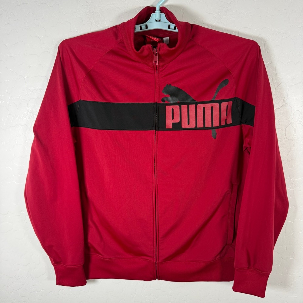 Puma Track Jacket Mens Medium Red Black Logo Full Zip Athletic Sportswear